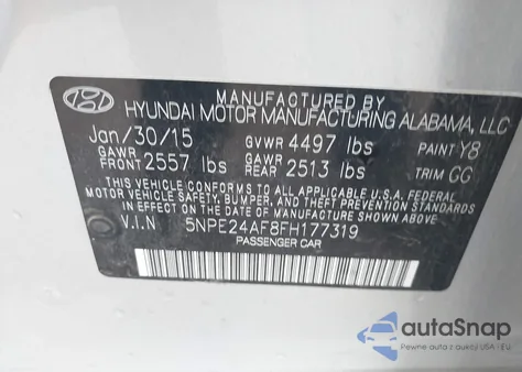 2015 Hyundai Sonata Se from USA, damaged, VIN 5NPE24AF8FH177319